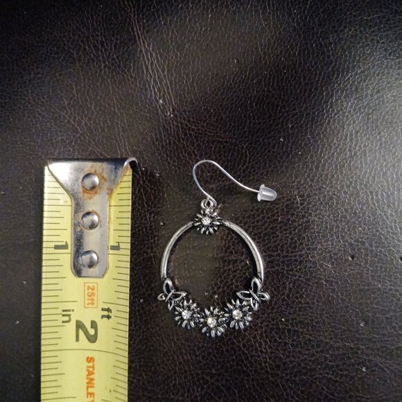 Silver Flower Hoop Earrings Floral Dangle - Picture 4 of 9